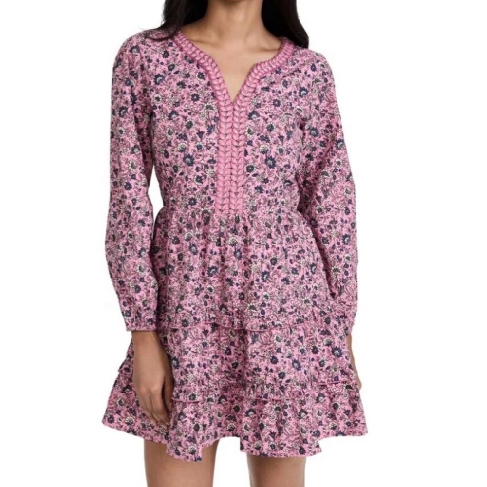 Roller Rabbit Cluny Naema Mini Dress Size XL Long Sleeve Floral Tiered V-Neck